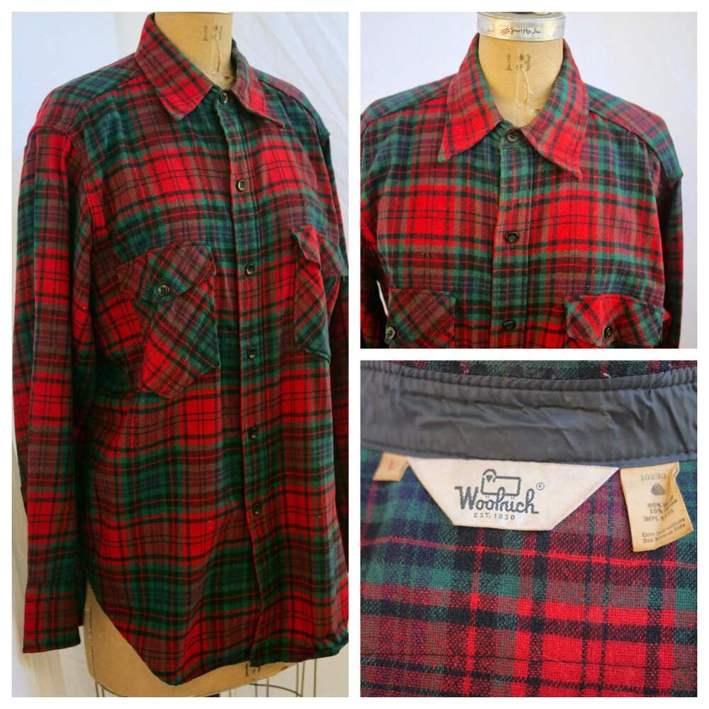 vtg WOOLRICH Wool Blend Red Green Plaid Hunting Work Shirt Rockabilly Grunge L